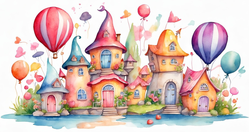 Aquarellbild von bunten Fantasie-Häusern (Deko)